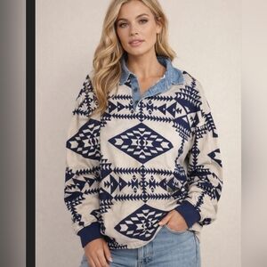 ❤️90's/Y2K VINTAGE NORTHCREST AZTEC BLUE/WHITE LONG SLEEVE SHIRT SZ M